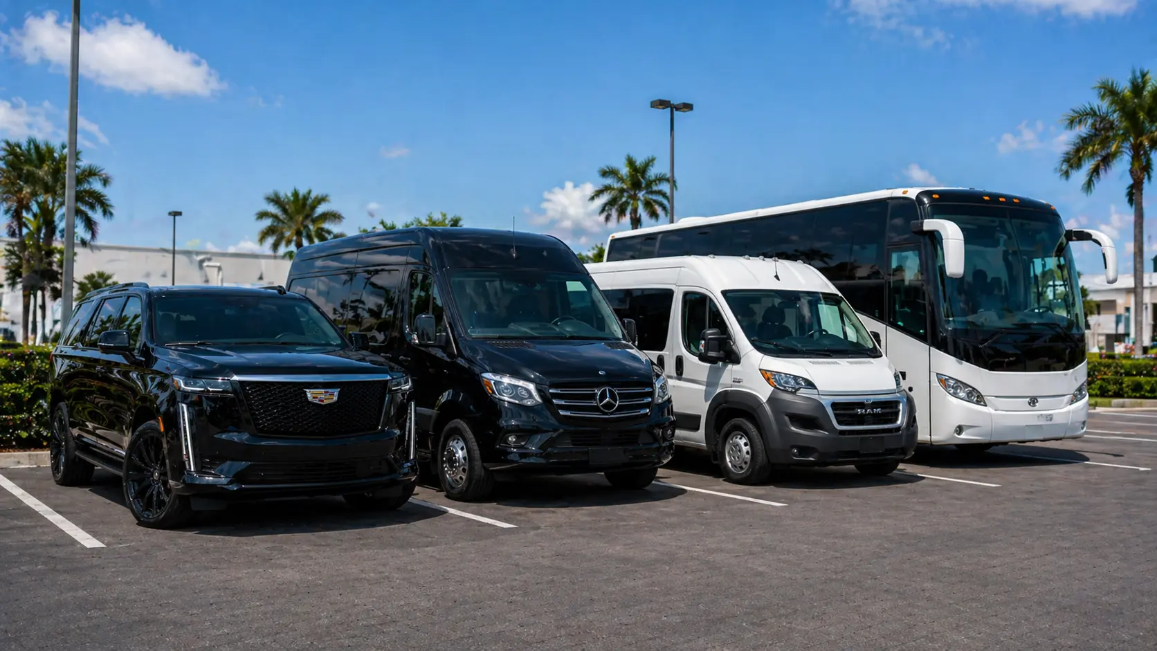 Fleet of group vehicles in Miami: black SUV, Mercedes Sprinter van and touring coach parked together