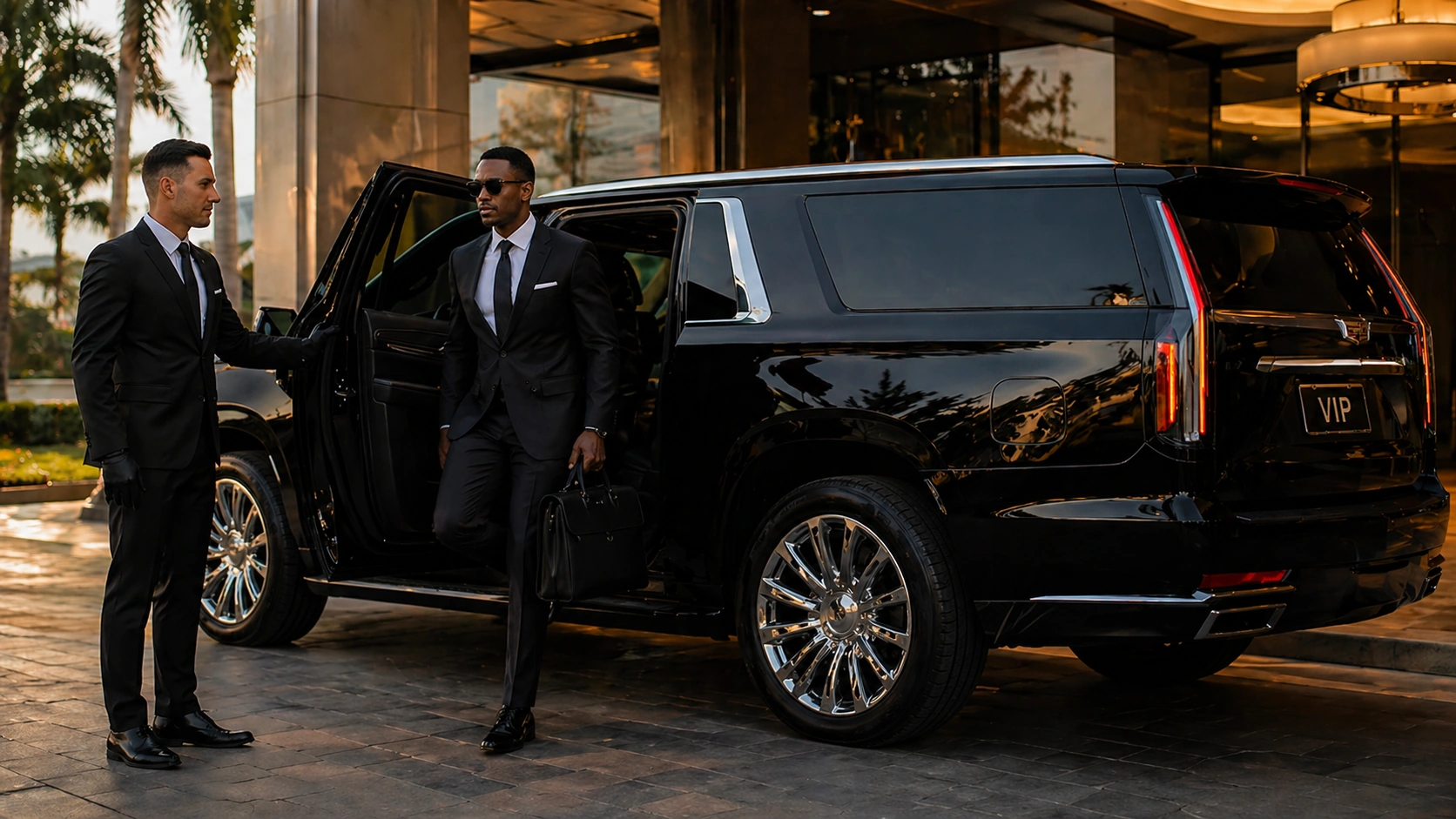 Two private drivers in suits beside a black VIP SUV at Miami airport for an executive transfer
