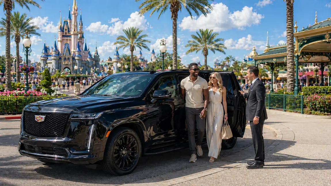 Couple with a driver and a black Cadillac Escalade in front of the Disney Magic Kingdom castle, private transfer from Miami to Orlando