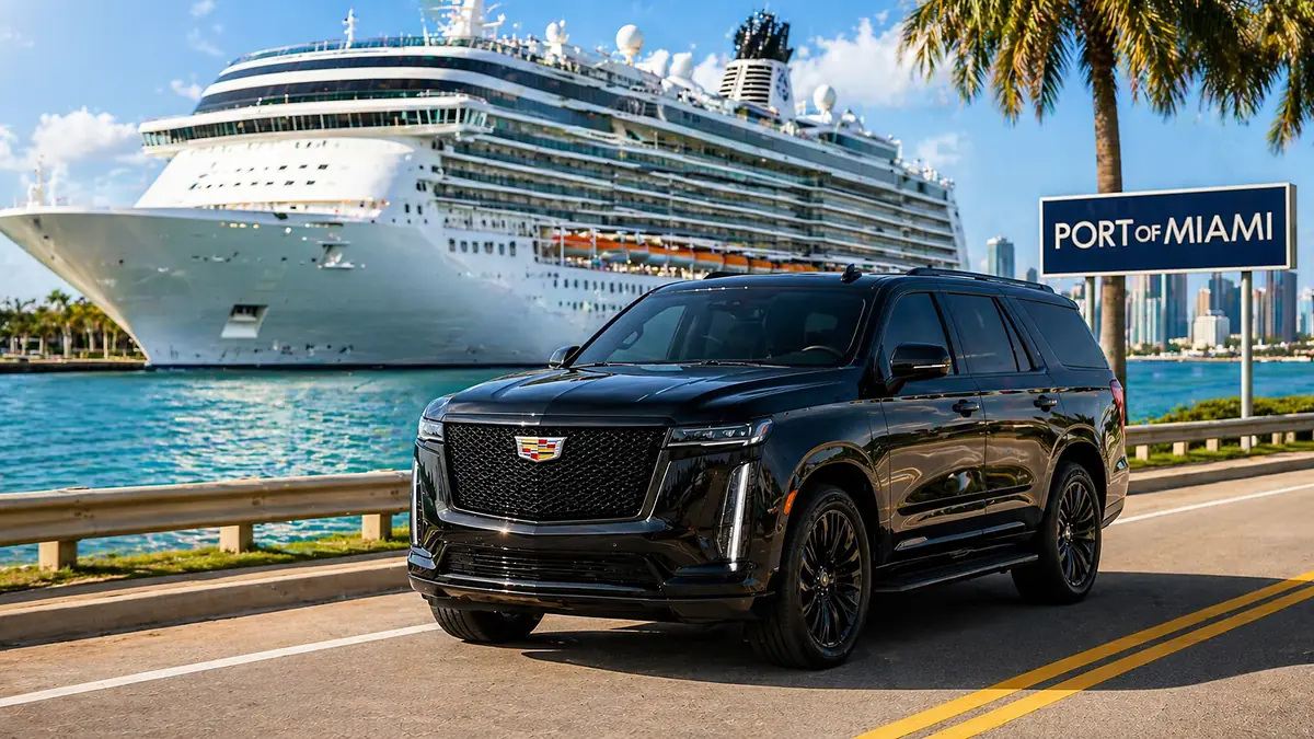 Black Cadillac Escalade at PortMiami with a cruise ship in the background, private transfer service to the cruise port